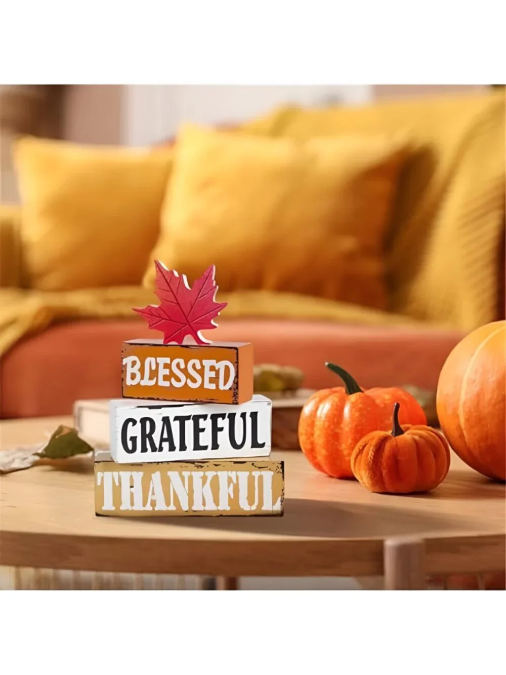 Thanksgiving Fall Decorations for Home, 4 PCS Wooden Fall Table Decor